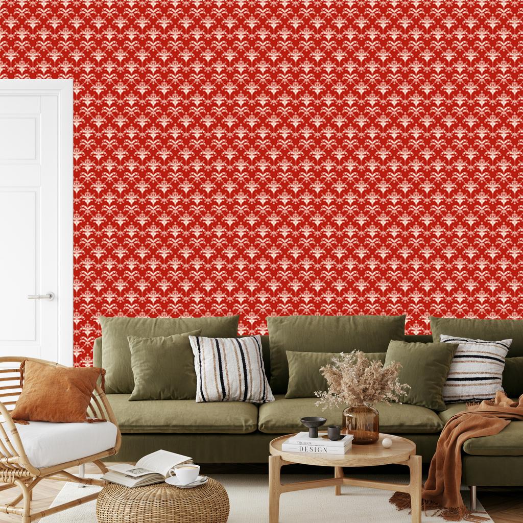 Christmas Damask Wallpaper Red and Coral 50x1000
