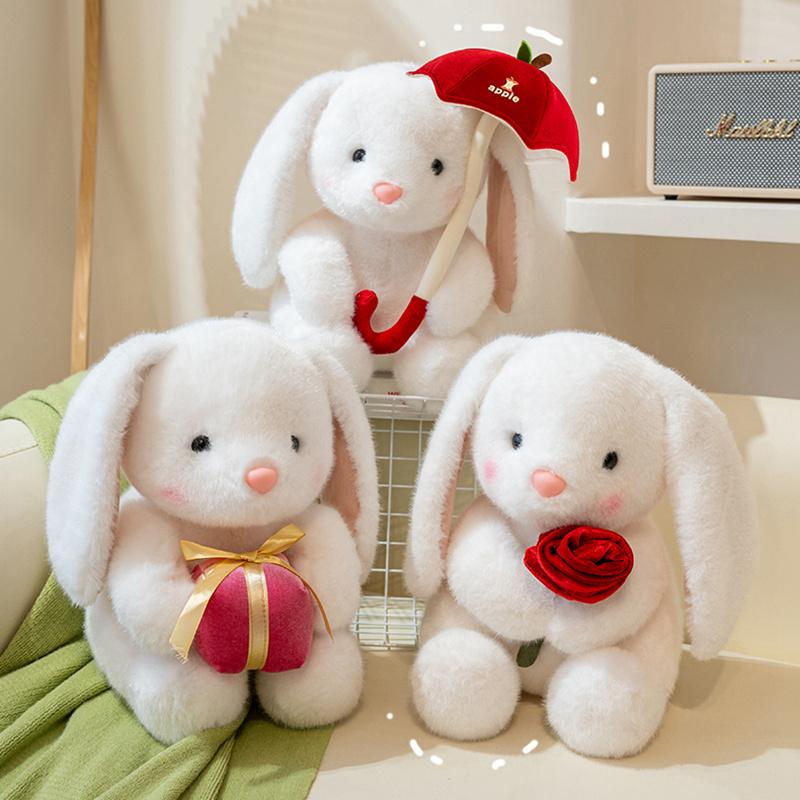 Graceful White Lop Ears Rabbit Plush Toy Holding Red Rose Say Love Cartoon Animal Plushie Sweet Girlfriend Gift