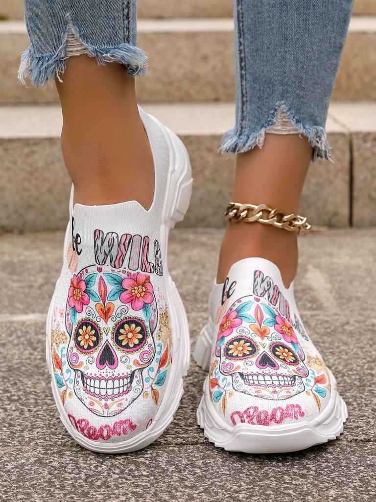 Fashion Fashion Print Non-Slip Sneakers for Women Summer Breathable Knitted Soft Sole Flats Woman Slip-On Platform Sports Shoes Ladies