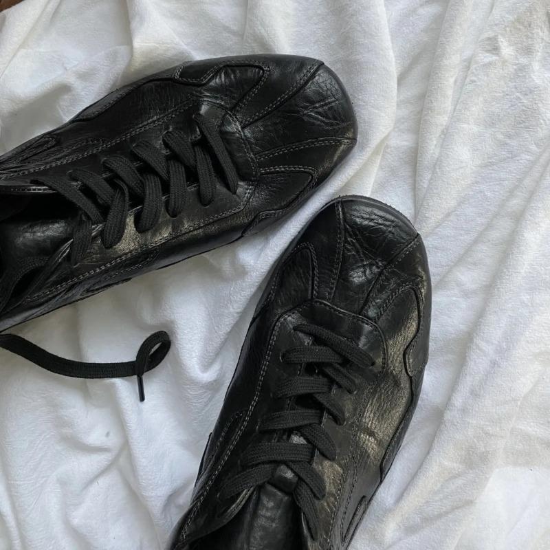 Washed Handmade Cowhide German Training Shoes Women's Retro Old Lace-up Flat-soled Single Shoes