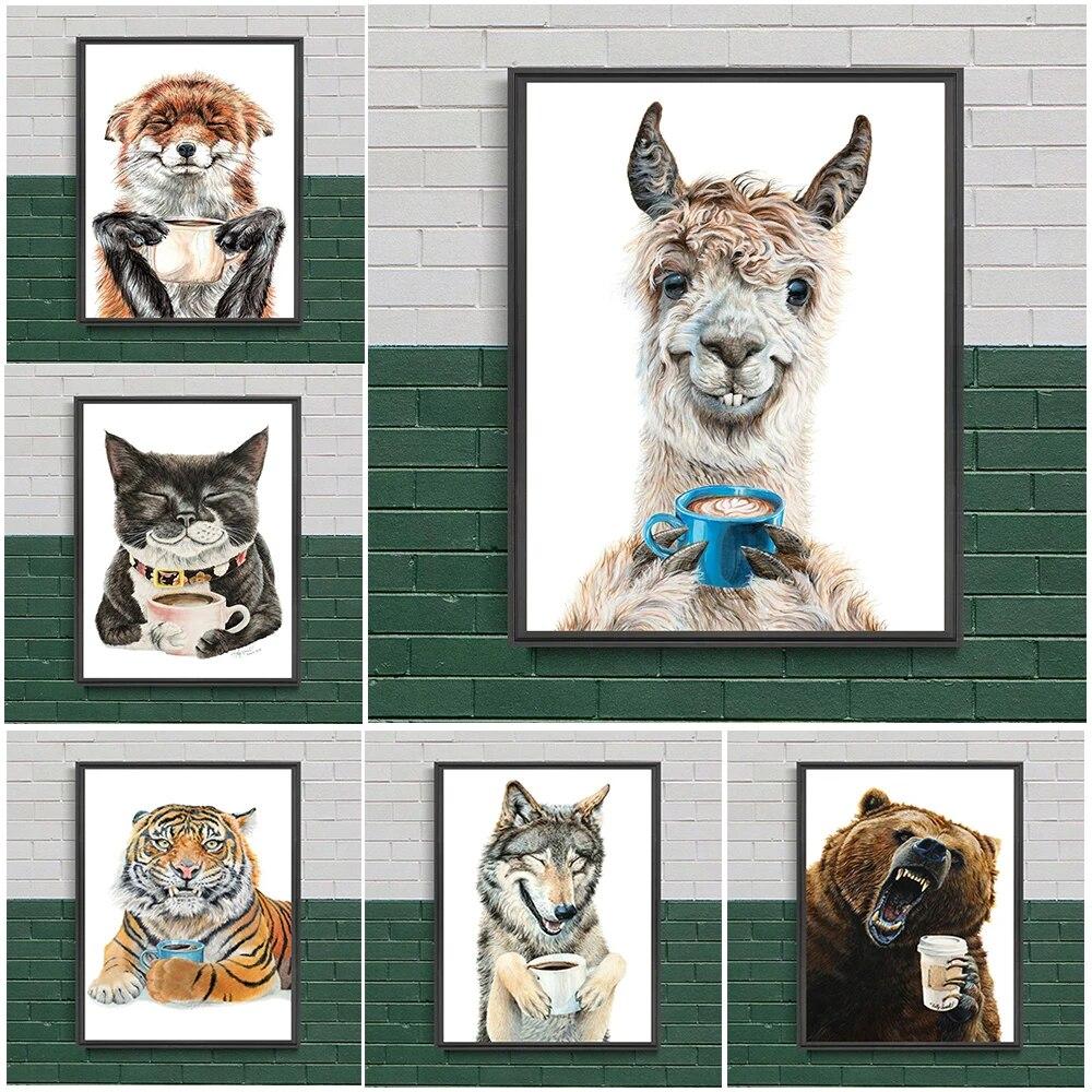 

Бизон латте и лама латте, кофейный напиток, художественный постер и декор для печати, настенная живопись на холсте для кофейни, ресторана, декор без рамки