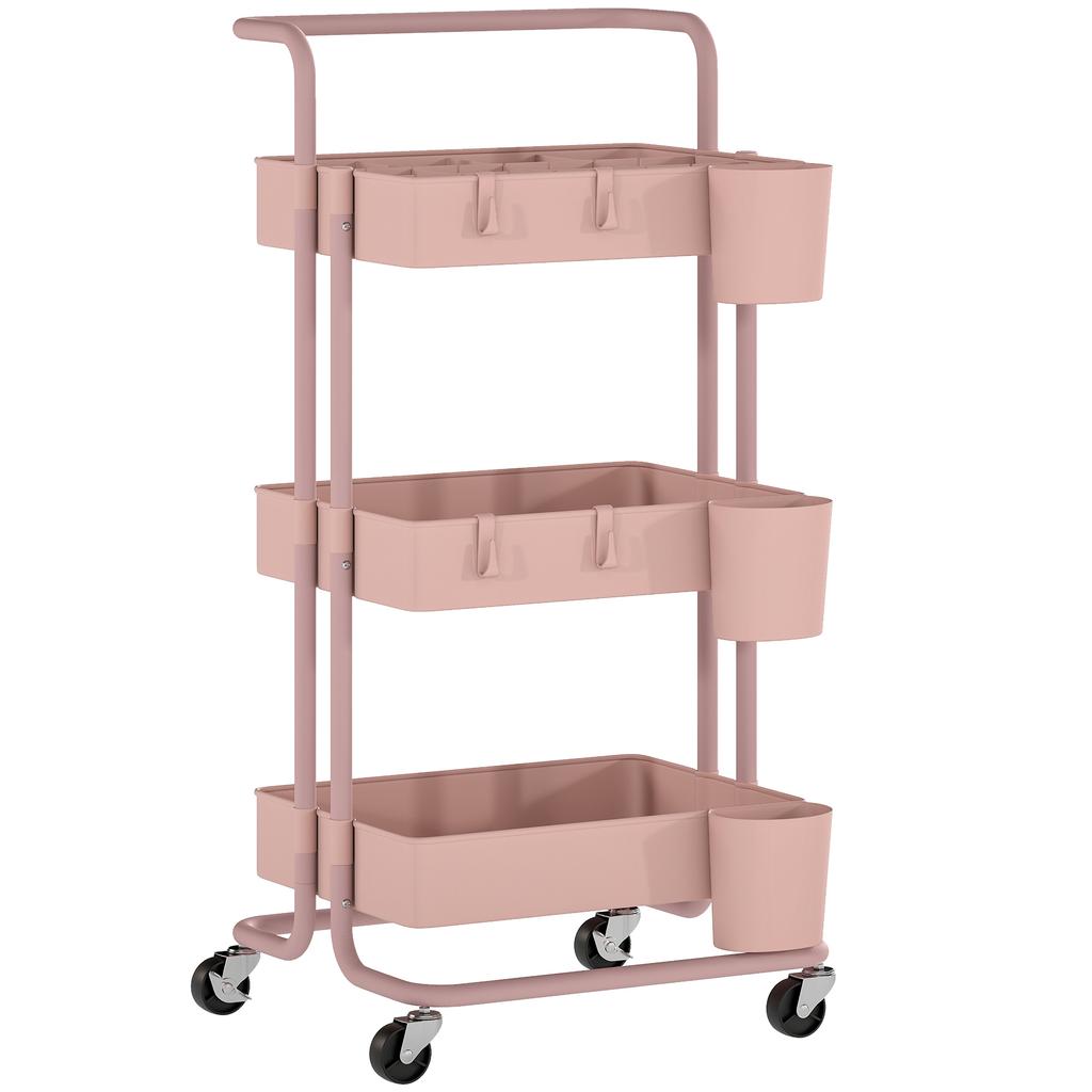 Serving Trolley, 3-Tier, 4 Hooks, 3 Removable Hanging Boxes, 42 x 38 x 86.5 cm, Pink