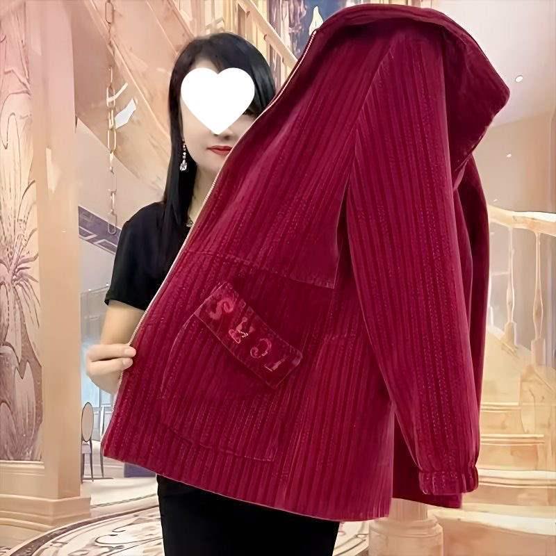 Women's Trendy Hooded Corduroy & Velvet Striped Jacket - Loose Fit, Plus Size, Autumn/Winter Outerwear
