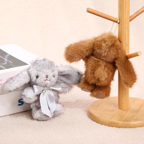 Bunny Plush Keychain Soft Long-Hair Stuffed Rabbit with Satin Bow Metal Clip Decorative Satin Bow Charm for Bags Backpacks Keys