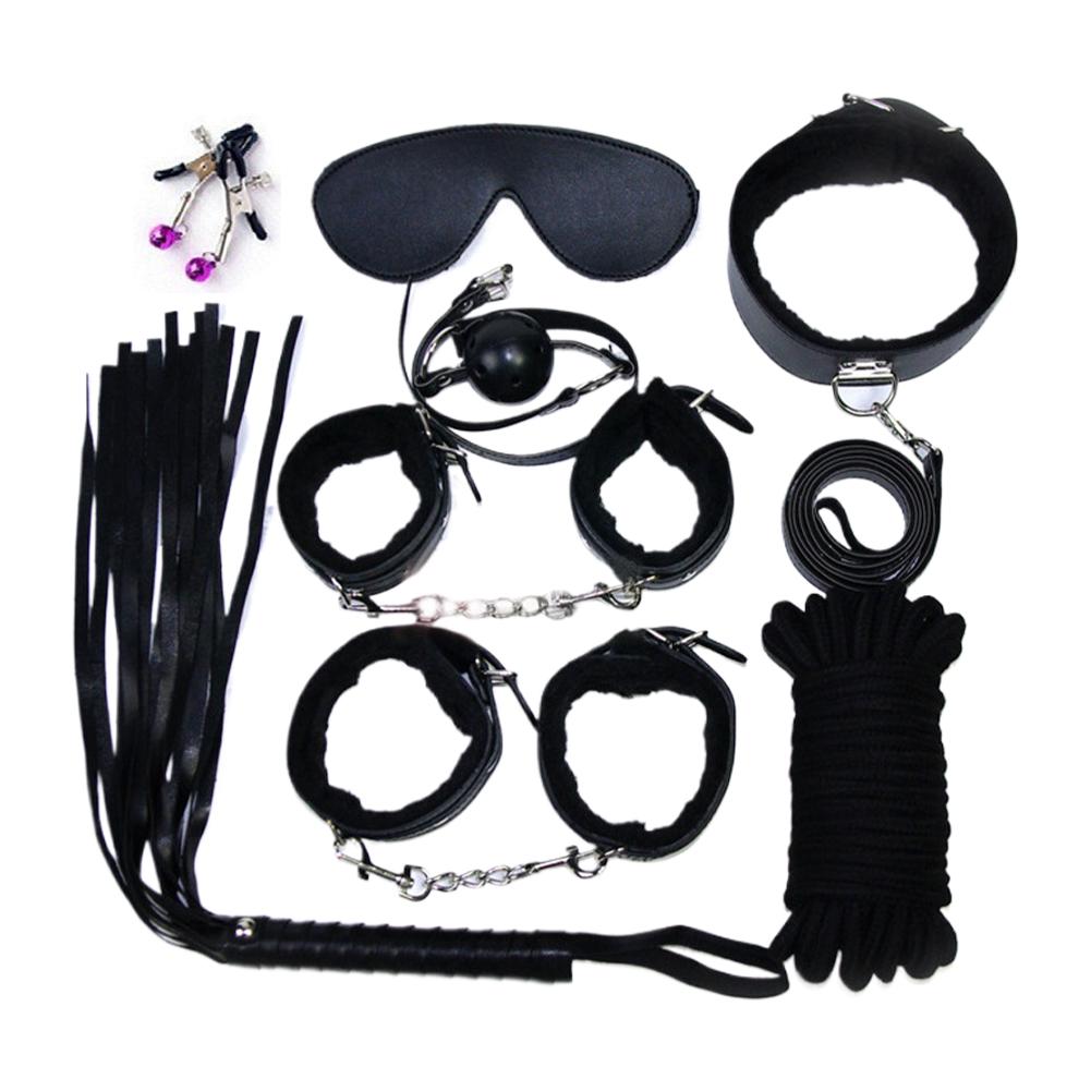 Sexy Leather BDSM Kits Plush Sex Bondage Set Handcuffs Sex Games Whip Gag Nipple Clamps Sex Toys For Couples Adults Games