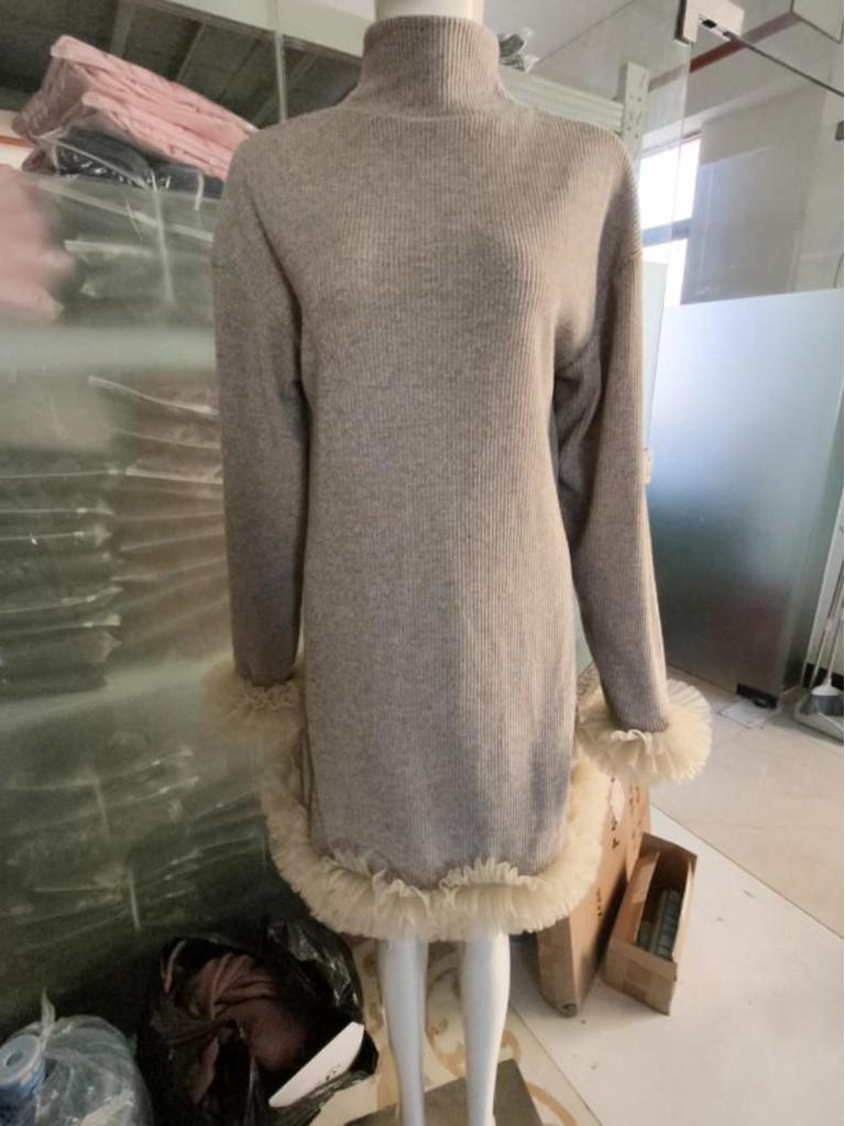 2026 Damen Europäisches & Amerikanisches Gestricktes High-Neck Patchwork Rüschen Langarm Top