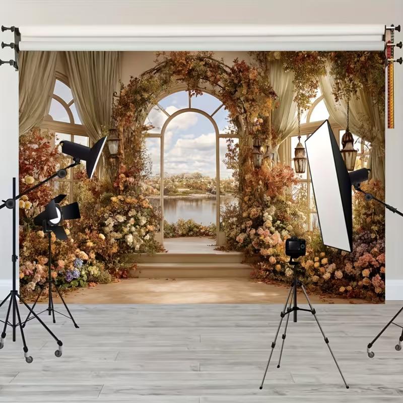 2D Vintage Conservatory Backdrop, Autumn Floral Arch with Lake and Sky Background Cloth