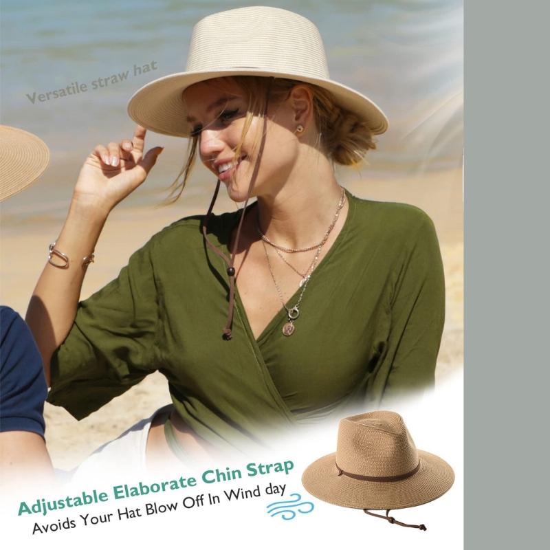 Breathable Paper Straw Panama Hat with Adjustable Chin Strap and Wide Brims Sun Protections for Women Vacation and Trip