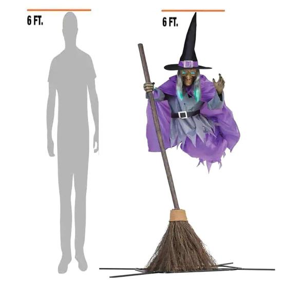 6 FT Halloweenská létající čarodějnice dekorace Hlasem aktivovaná animatronická čarodějnice na koštěti se svítícíma očima pro zahradu dvůr trávník venkovní vnitřní dekorace