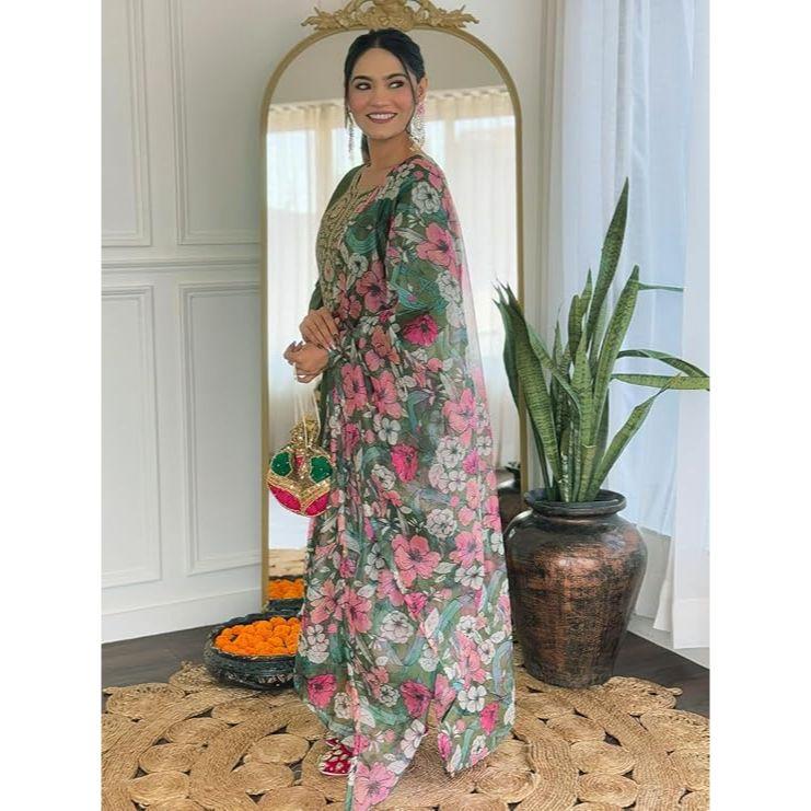 Women's Rayon Embroidered Straight Kurta with Pant and Dupatta Sets (Available In Plus Size)