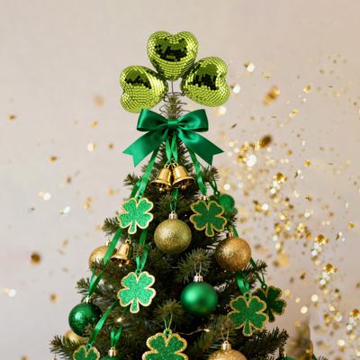 Ponteira de Árvore Bola de Discoteca Decoração Trevo de 3 Folhas com Design de Coração e Ladrilhos Espelhados Brilho Retrô Decoração de Primavera para Mesa