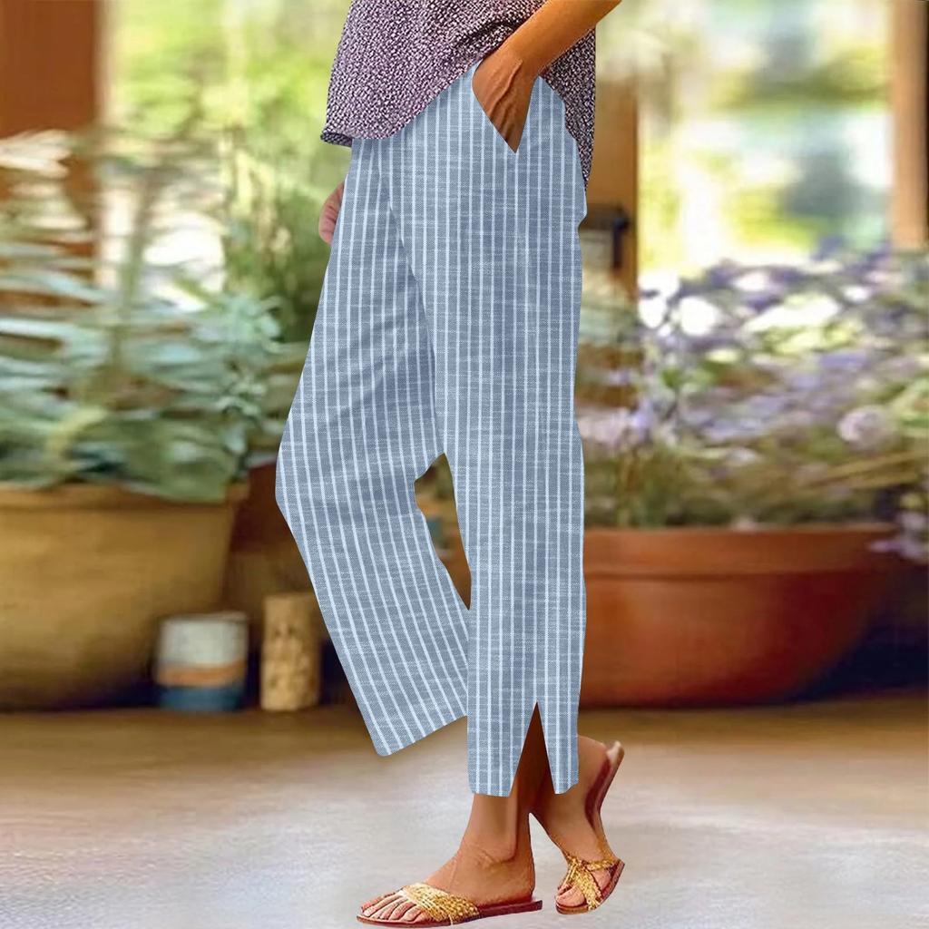 Pantalon Casual Rayé Tendance pour Femme, Lâche, Taille Élastique Confortable, Coupe Droite, Coton et Lin