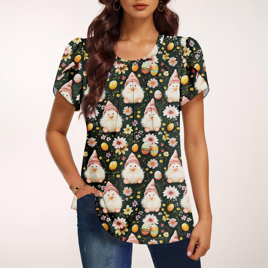 Women's Fashionable Round Neck Short Sleeve Printed Casual Basic Pleated Pullover T-shirt Top