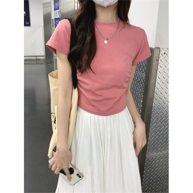

Women s 2025 Summer Slim Fit Pleated Top - Short-Sleeve, Straight Shoulder, Short Design Large