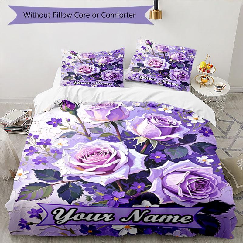 3PC Custom Name Purple Roses Garden Bedding Set Duvet Cover Closure Includes 1 Duvet Cover & 2 Pillowcases for Bedroom