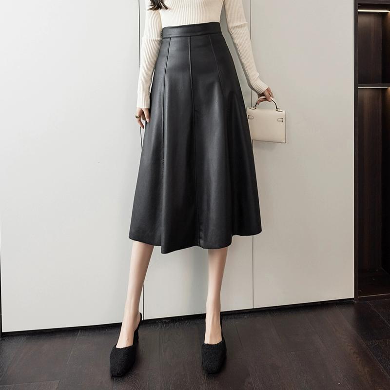 Leather Skirt for Women High Waisted A-line Knee-length Skirt with Big Swing