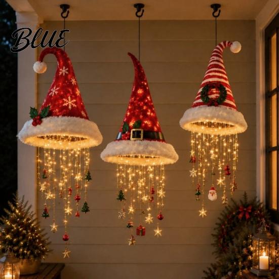 Überdachte Innenveranda Feiertagsdekoration Beleuchteter Weihnachtsmannhut Hängender Kronleuchter Warme LED-Lichterkette Pailletten-Kegel-Anhänger mit Party-Hintergrundbeleuchtung