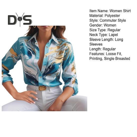 Koszula damska z długim rękawem i klapami, nadruk, bluzka jednorzędowa, wiosenno-jesienna, dojazdy do pracy