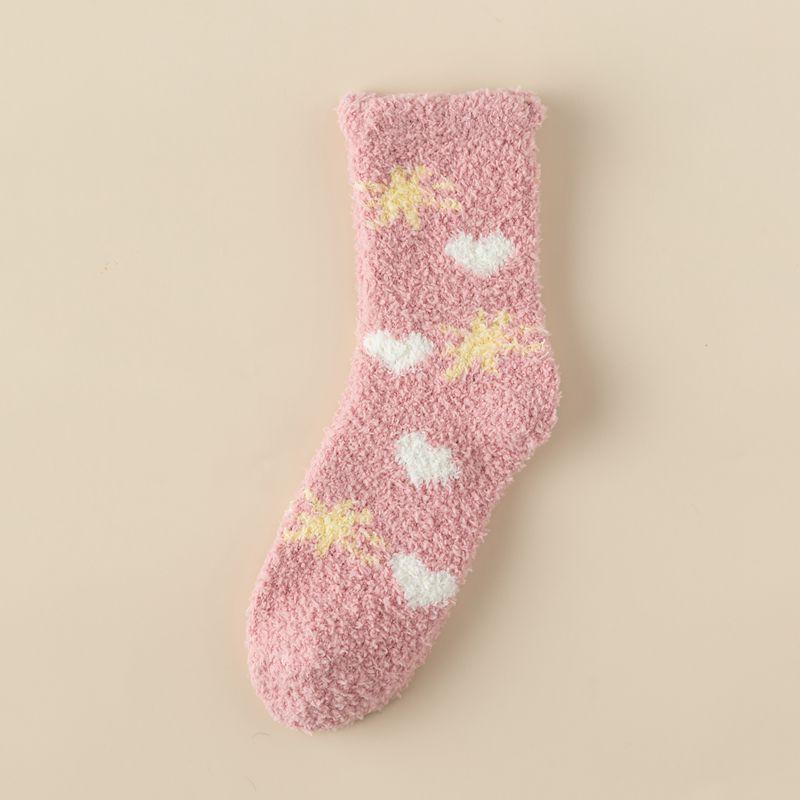 Socks Women Winter Warm Fluffy Fuzzy Cute Middle Tube Thick Thermal Soft Coral Fleece Floor Sleep Cartoon Star Short Crew Socks
