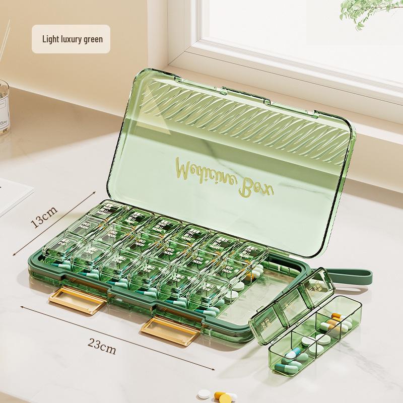 Portable Weekly Pill Organizer with Transparent, Sealed Compartments.