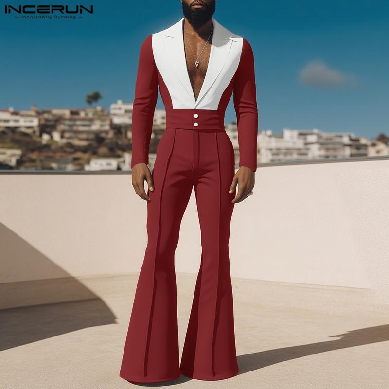 INCERUN Two Pieces Men Lapel Long Sleeve Patchwork Cropped Blazer Long Flare Pants Sets Outfits