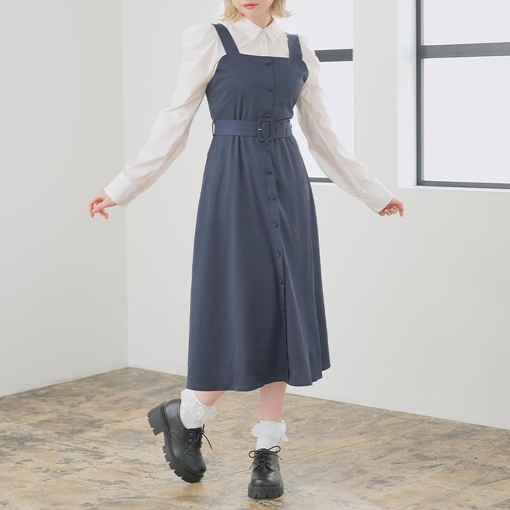 [Yumetembo] Jumper Skirt, Front Button Jumper Skirt Dress, Long, Navy