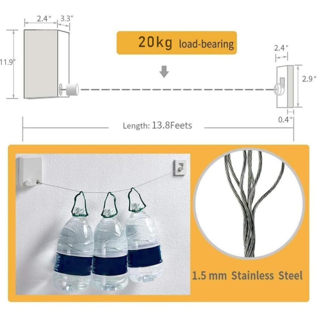 Clothesline | Lockable Hanging Washing Line | Wall-Mounted Wire Clothes Line | Cloth Line Laundry Drying Rope | Adjustable | Indoor | Outdoor |Balcony