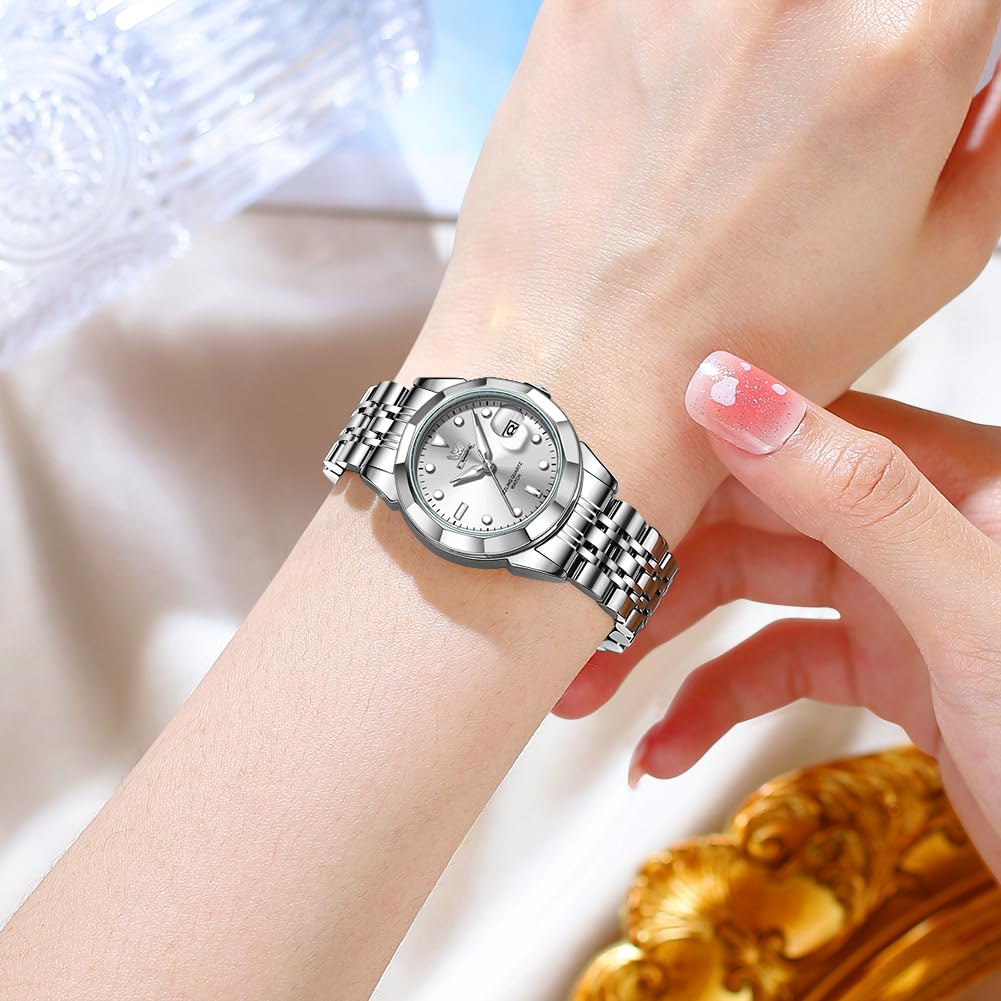 OPK Quartz and Date Luminous Stainless Steel White Women's Watch, Fashionable, Popular, Casual, Elegant, Lightweight, Easy-to-Read, Display,