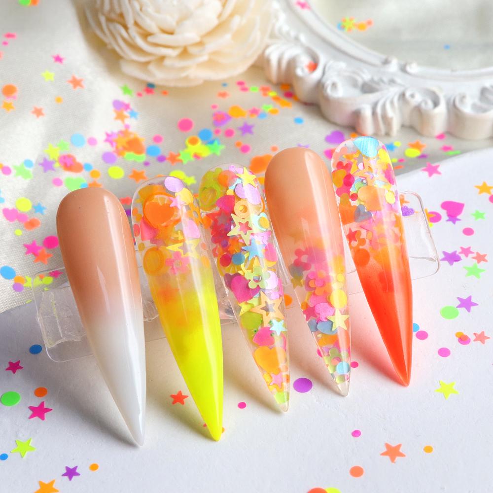 6 Grids Mixed Fluorescent Nail Sequins, Colourful Flower Star Shape Sparkling Flake Decoration Accessories, for Summer Nail Parts