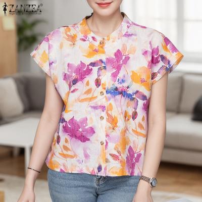 Women Summer Round Neck Loose Short Sleeve Print Blouse