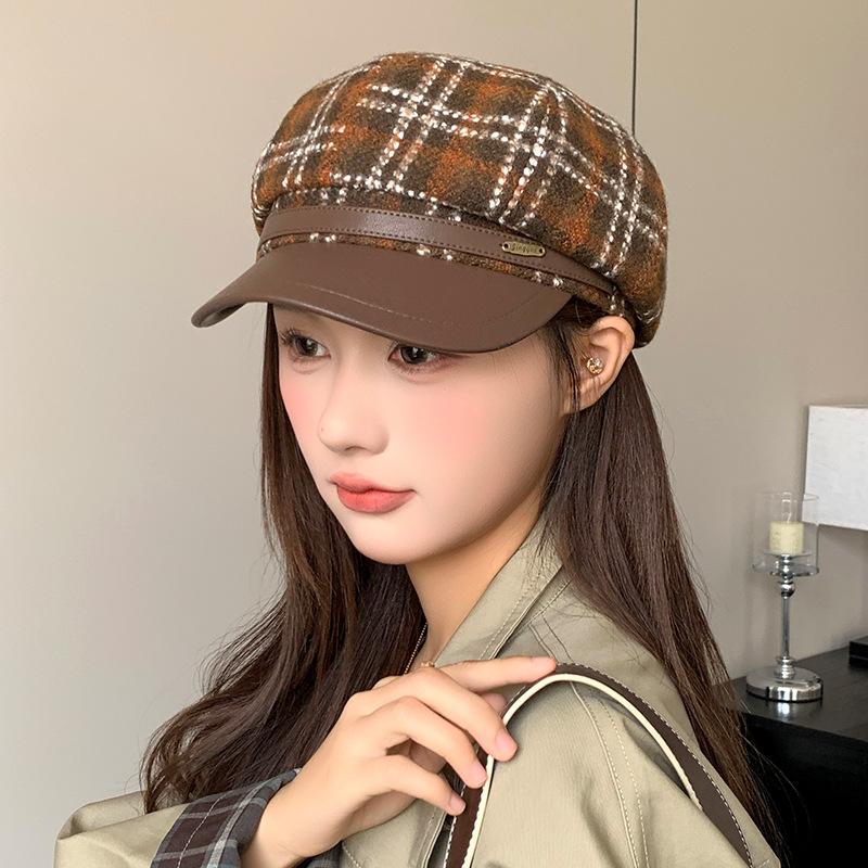 Wool Plaid Octagonal Hat for Women in Autumn and Winter PU Leather Versatile Retro Beret Temperament Fashionable Literary Painter Hat