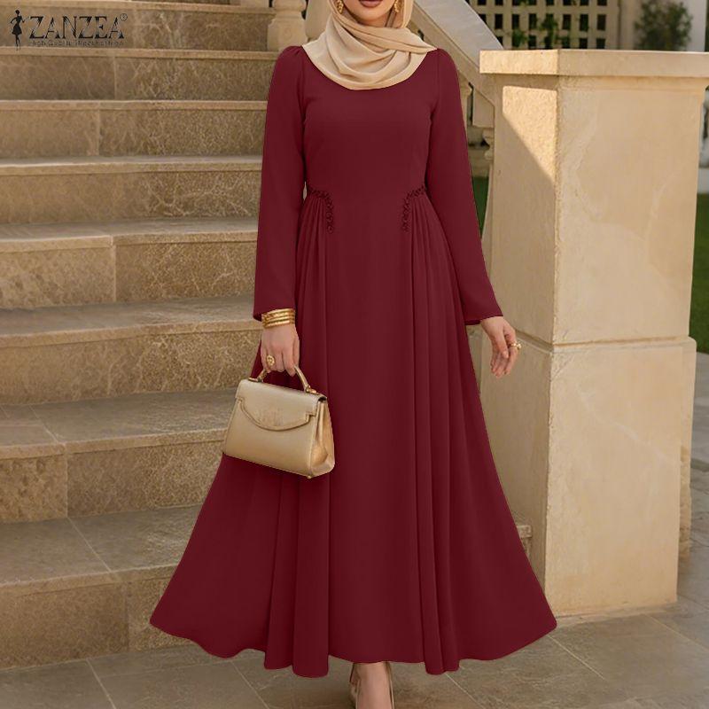 ZANZEA Women Muslim Casual Round Neck Long Sleeve Loose Long Dress