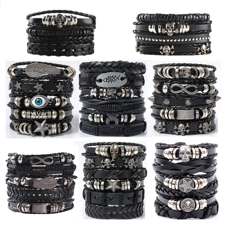 Punk Multilayer Antique Leather Bracelet Set Skull Eye Star Charms Hiphop Rock Y2K Vintage Pu Gothic Wristband Man Goth Jewelry