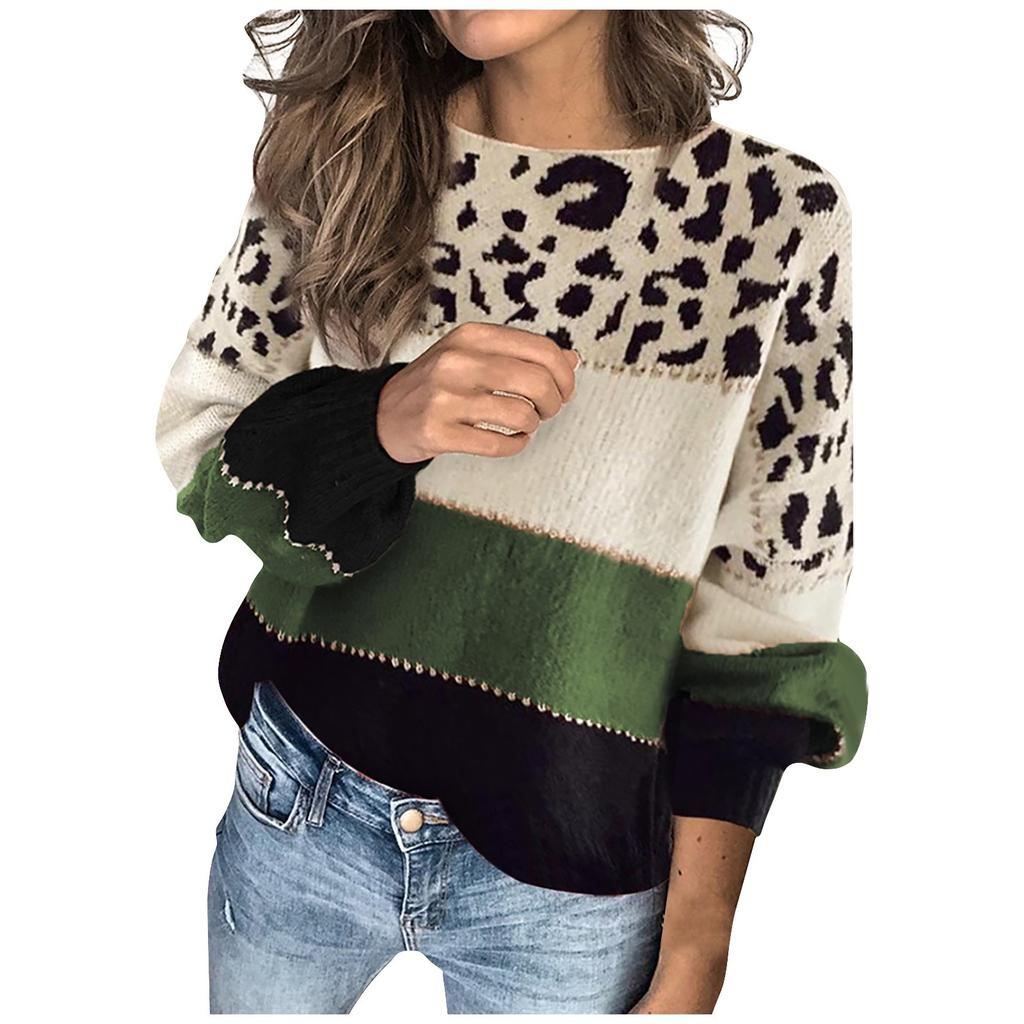 Women's Fashion Casual Stitching Print Sweater Set Head Round Neck Warm Long-sleeved Sweater