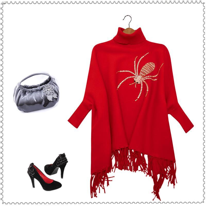 Autumn Winter Fringed Cloak Shawl Women Plus Size Knitted Coat Loose Fashion Pullover Knitted Cloak Shawl with Sleeves