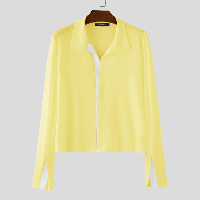 INCERUN Men Lapel Neck Long Sleeve Stitching Slightly Casual Fitted Cropped Tops Undershirts