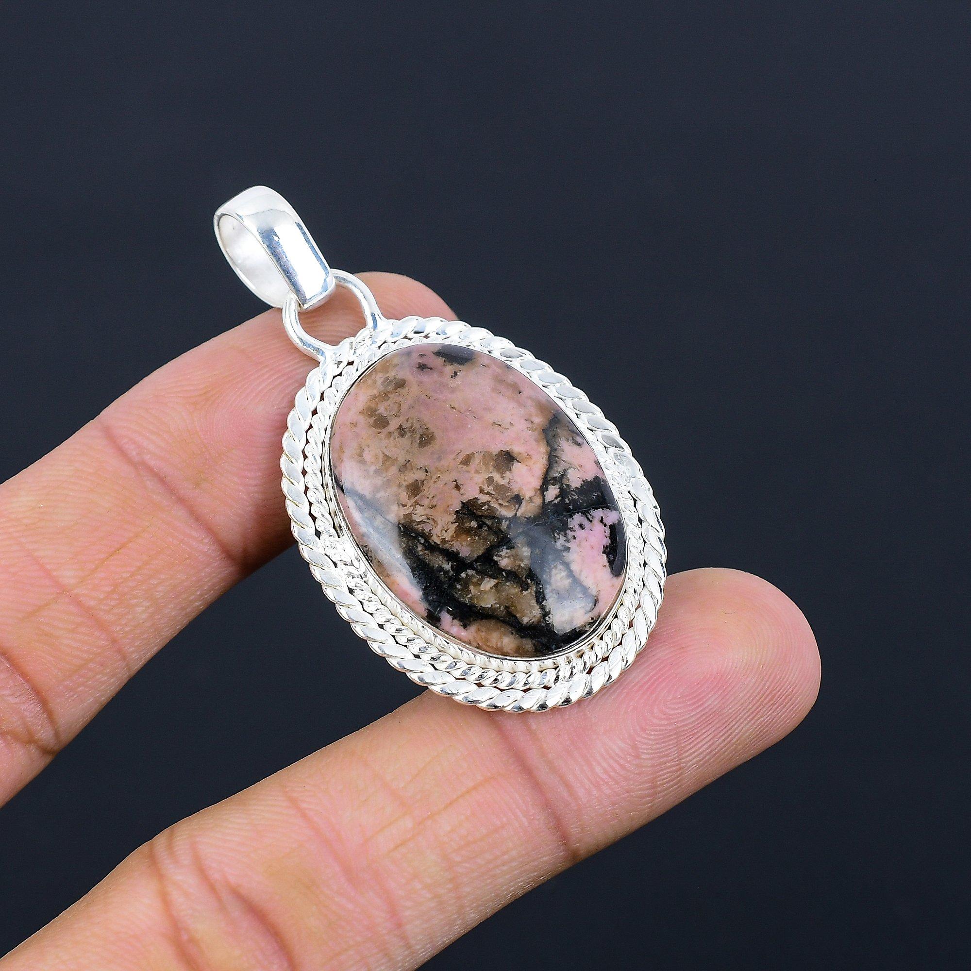 

Подвеска из натурального родонита розового цвета, серебро 925 пробы, индийские украшения