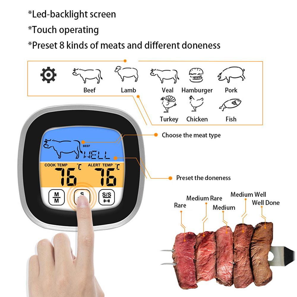 BBQ Thermometer 2 Alarm Mode Touch Screen Backlight Function Meat Thermometer for Outdoor Camping