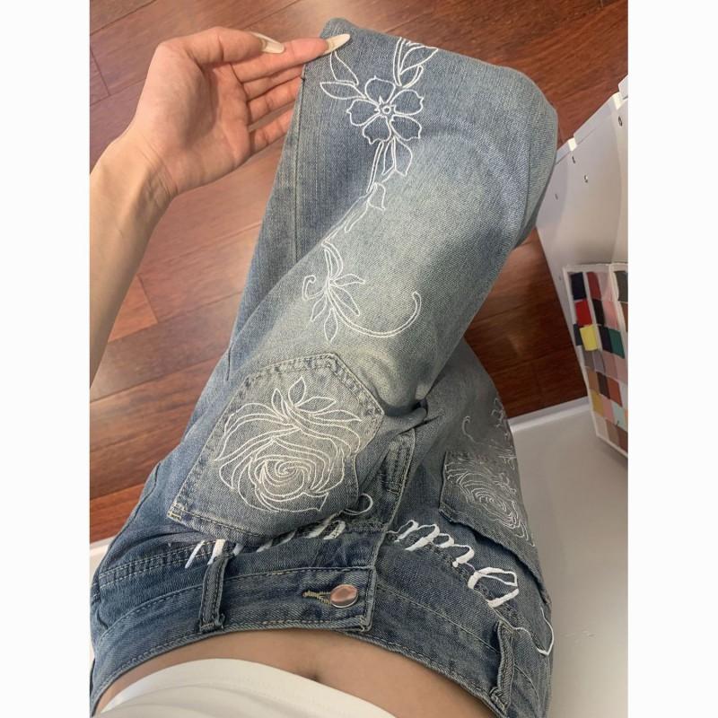 Womens Oversized Retro Floral Embroidered Denim Jeans High-Waisted Loose Straight Cut Comfortable Casual Pants