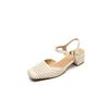 Fashion 2025 New Basic Mid Heels Women Sandals Square Toe Buckle Strap Slingback Pumps Mature Genuine Leather Hollow Out Shoes Woman