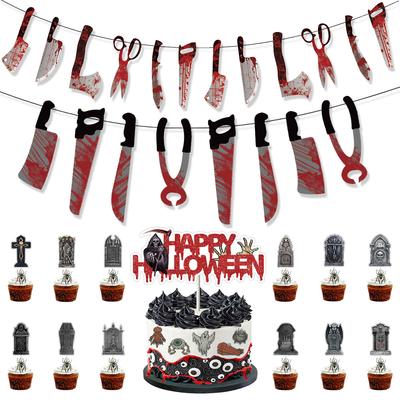 Halloween Decoration Blood Knife String Pulling Flag Blood Handprint Latte Knife Banner Paper Cake Insert Customization
