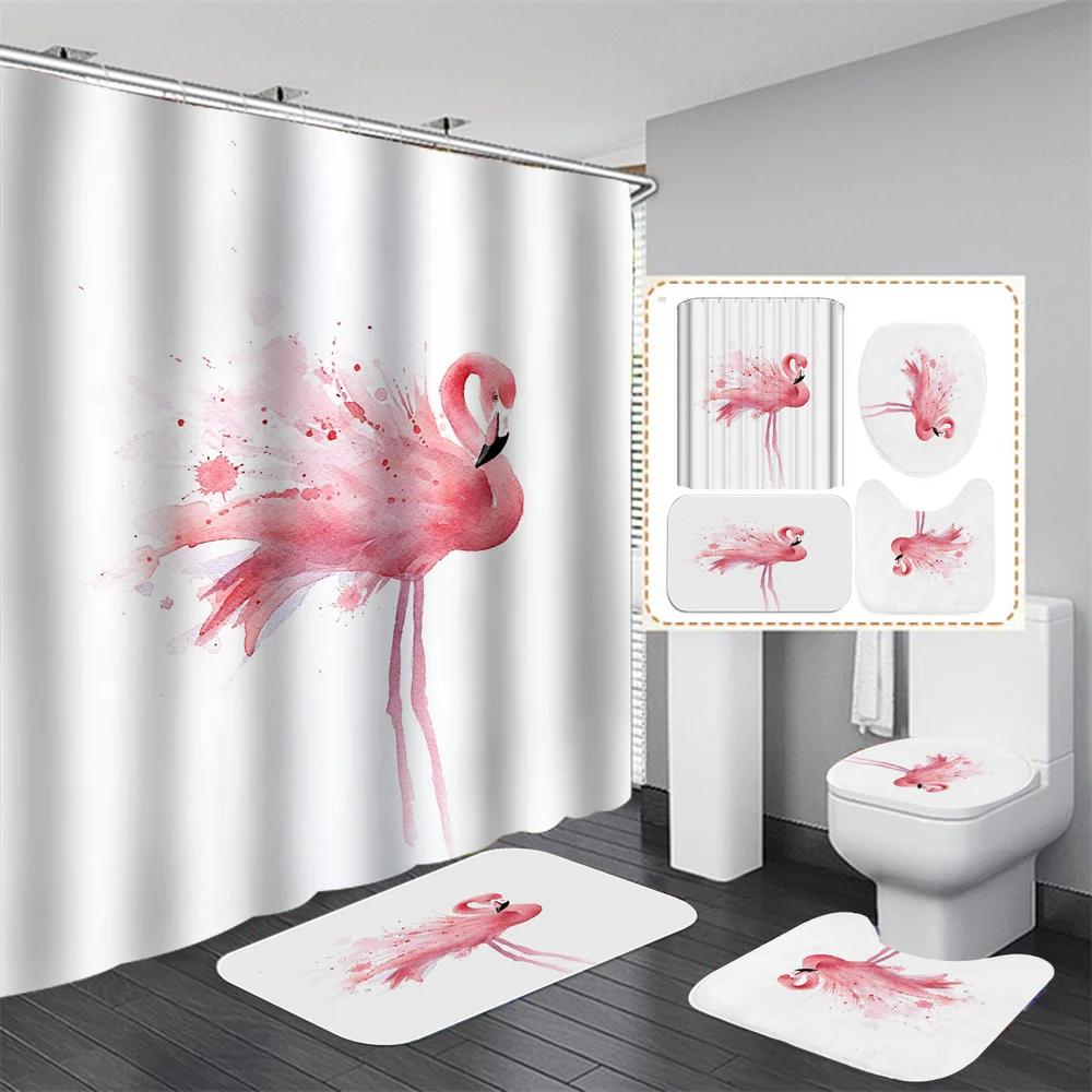 Pink Flamingo Tropical Leaves 3D Hd Shower Curtain Set Waterproof Polyester Bathroom Shower Curtain Set With Mat Non-Slip Rugs