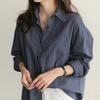 Autumn New Mid To Long Loose Blue Striped Plus Size Long Sleeved Shirt for Women In Summer