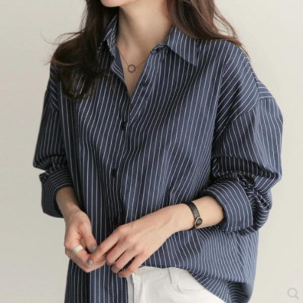 Autumn New Mid To Long Loose Blue Striped Plus Size Long Sleeved Shirt for Women In Summer