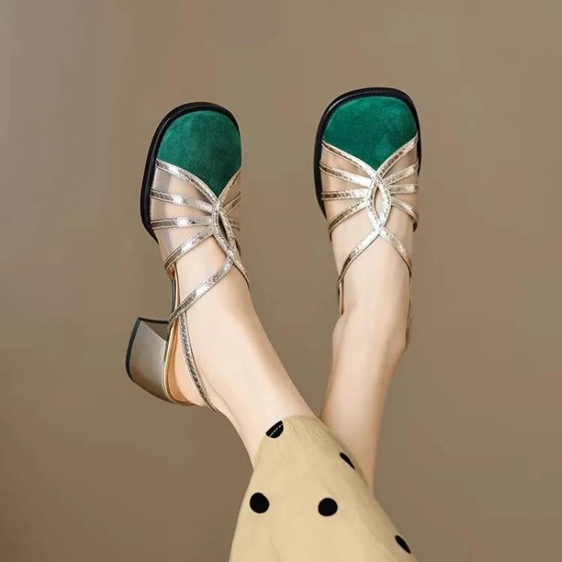 New Matching Color Round Head Sandals for Women Thin Belt Braided One Line Buckle Thick Heel Bun Head Roman Shoes