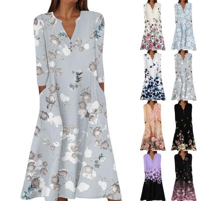 Γυναικείο Καλοκαιρινό Casual Φόρεμα με Λαιμόκοψη V, Κουμπιά, Vintage Φλοράλ Μοτίβο, Μανίκι Τρία Τέταρτα, Μακρύ, με Τσέπες