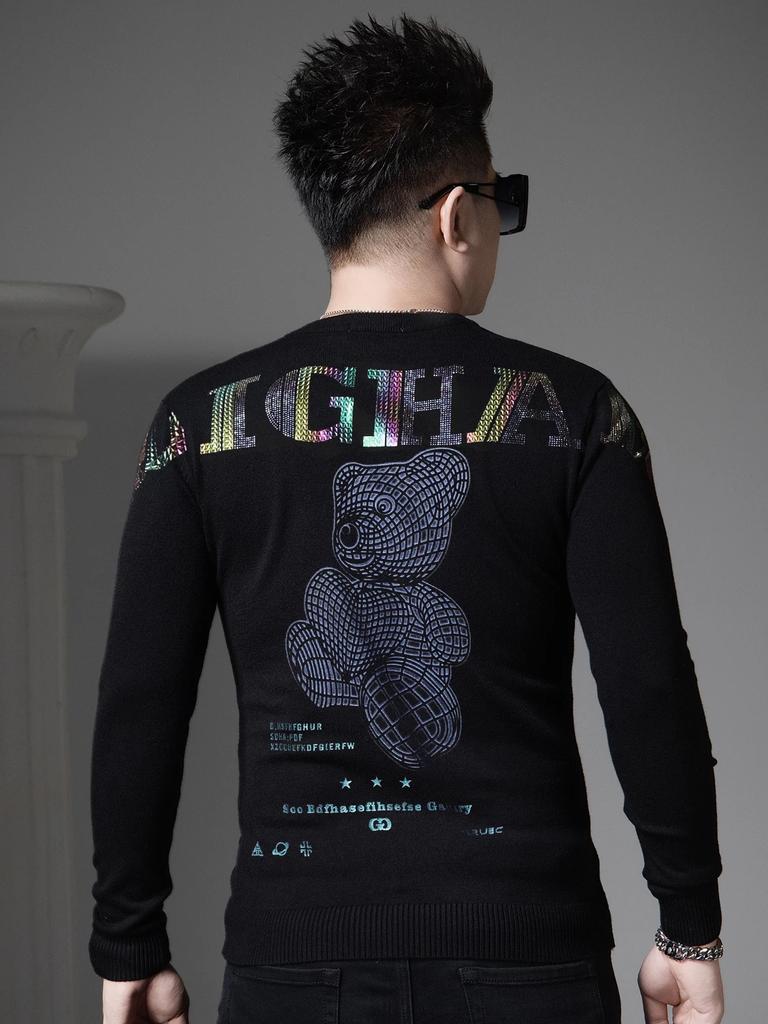 European Goods 2025 New Autumn and Winter Long-Sleeved Knitwear Men's Sweater Trendy Brand Bear Print Round Neck Sweater for Men