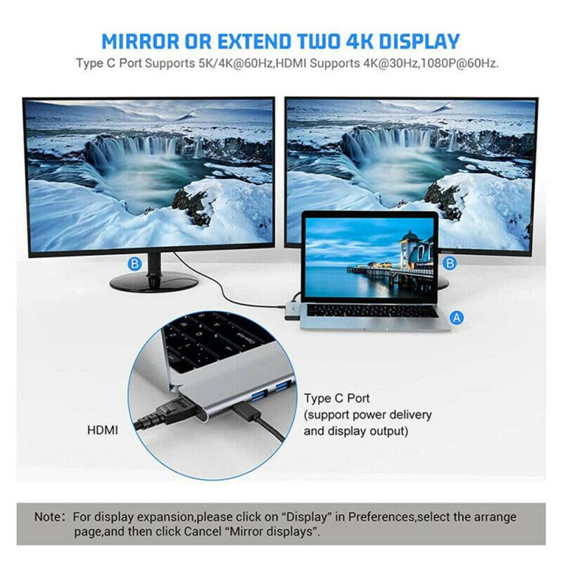 Aluminium Dual Usb-c Hub 7-in-1  Usb 3.1 Adapter Base Sd Card Reader Silver