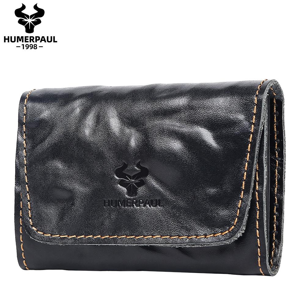 HUMERPAUL Ladies wallet first layer cowhide solid color convenient retro style short coin purse credit card storage leather solid color card case