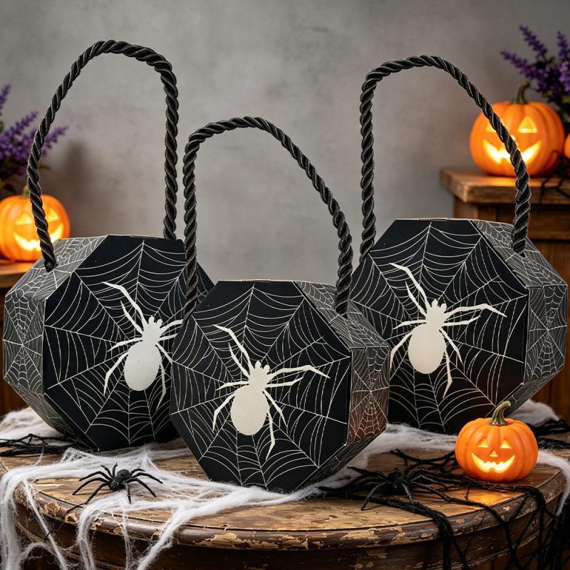 1/10Pcs Halloween Spider Web Paper Gift Box Rope Handle Candy Bucket For Kids Trick Or Treat Party Favor Decor Container